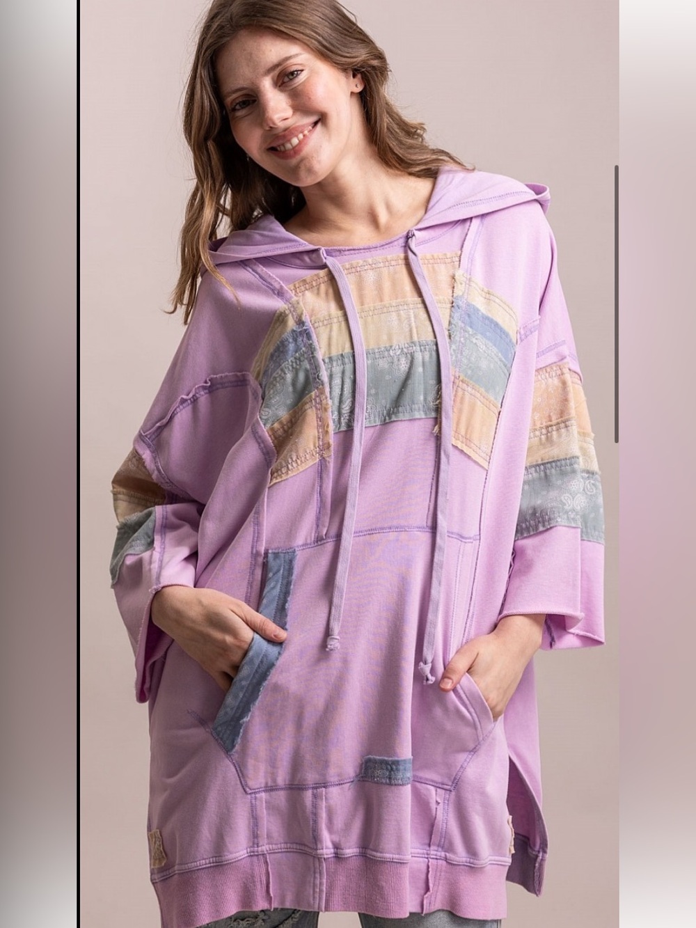 Lavender Patchwork Hooded Pullover Sweatshirt